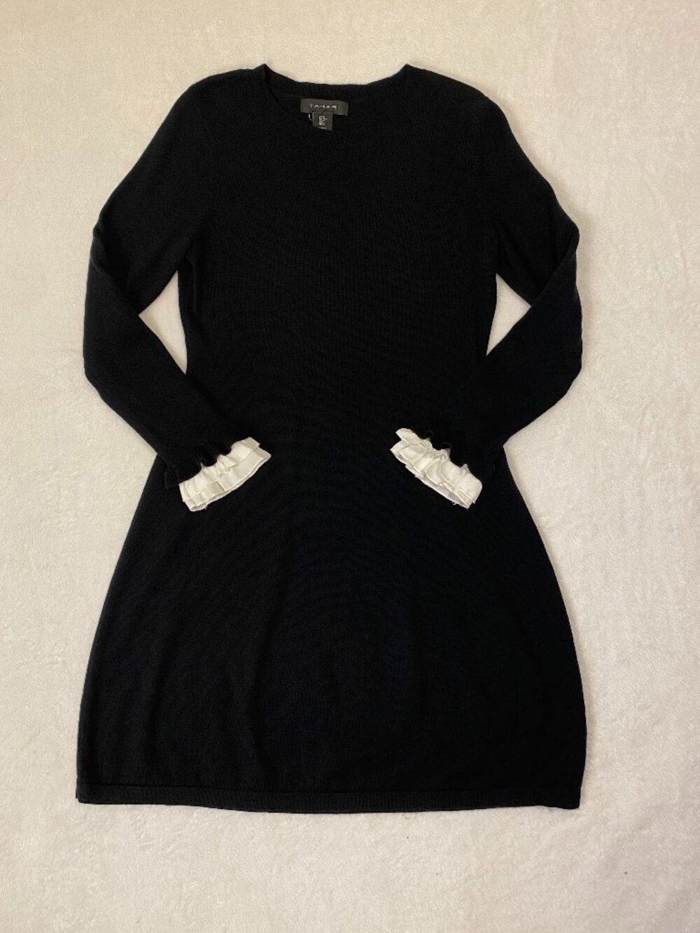 Tahari Black Long Sleeve Knit Dress Size Medium White Ruffle Cuff